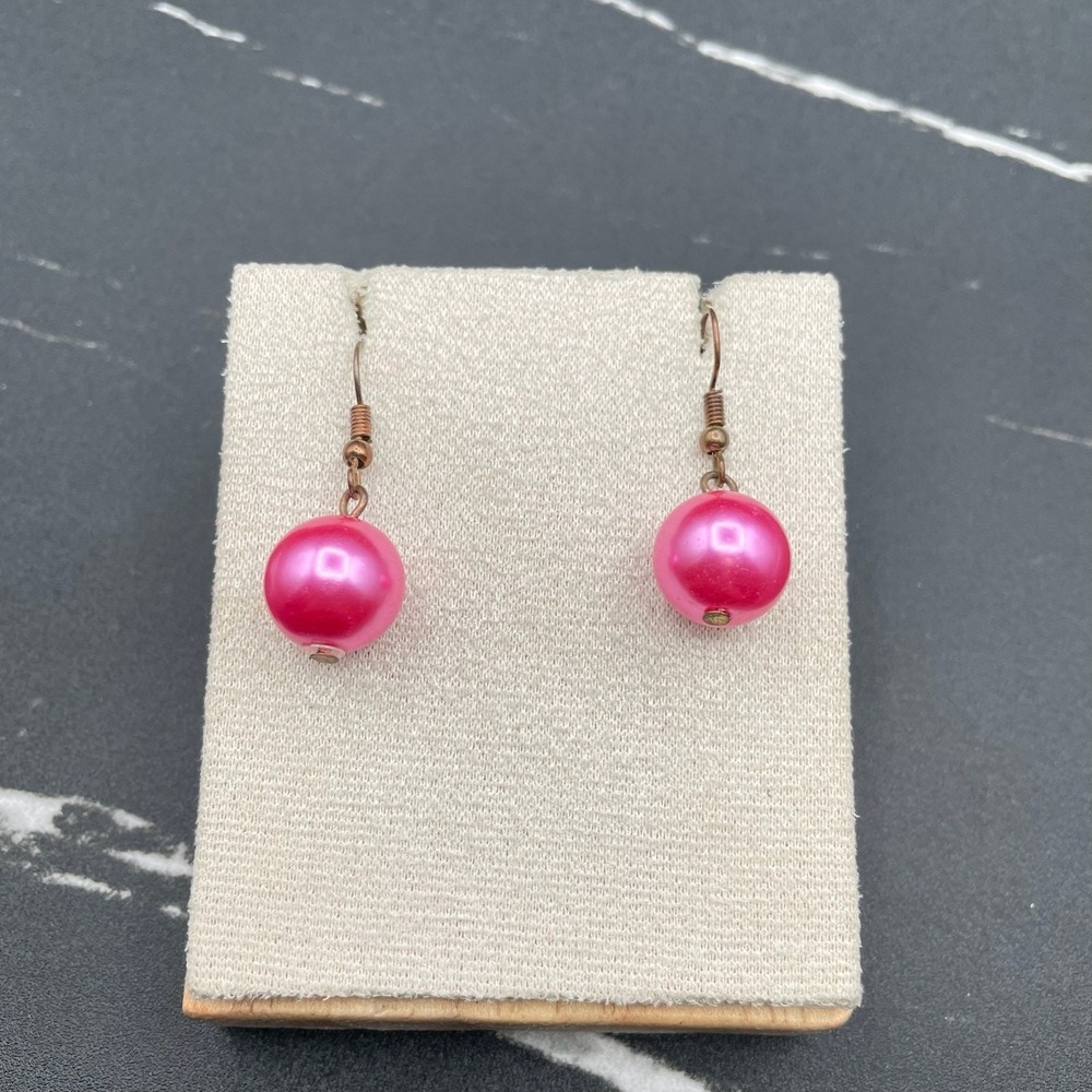 Vintage Bronze-Tone Fuchsia Pink Round Beaded Drop Dangle French Hook Earrings